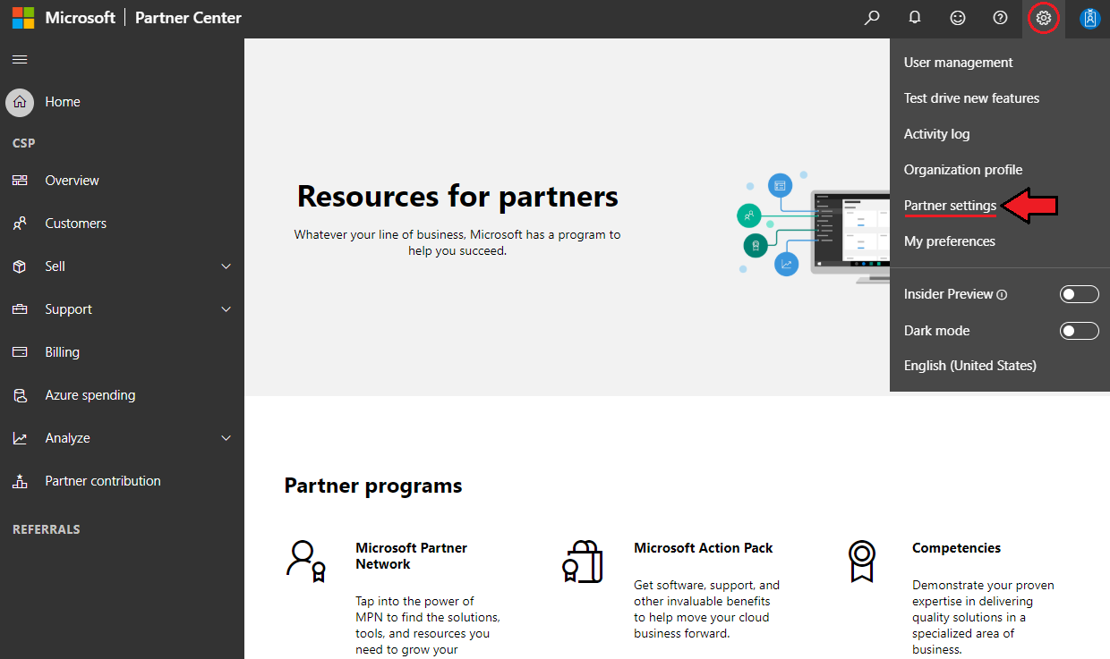 Office 365 For WHMCS: Microsoft Partner Center dashboard with the settings menu open and Partner settings highlighted