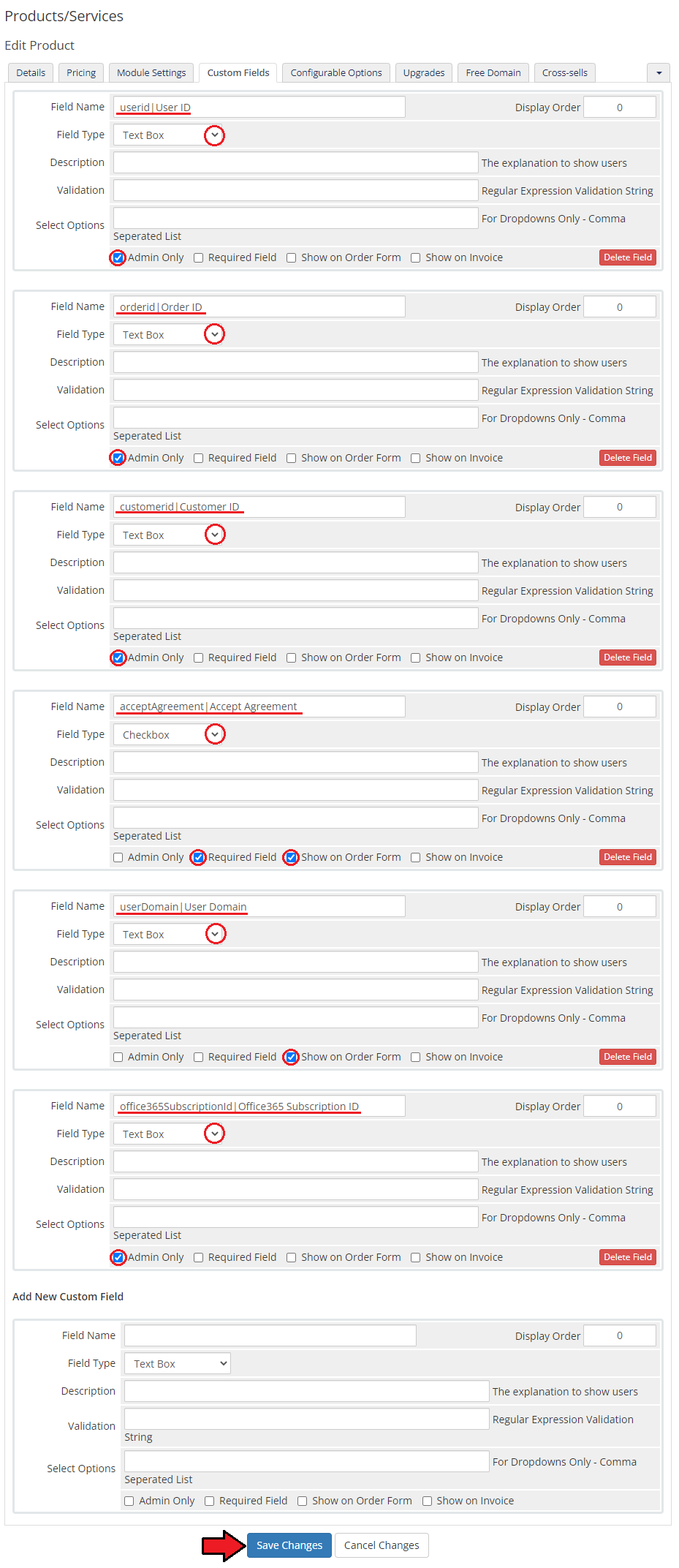 Office 365 For WHMCS: WHMCS product Custom Fields tab with the user ID, order ID, customer ID and agreement fields