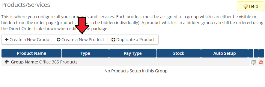 Office 365 For WHMCS: WHMCS Products/Services list with the new Office 365 Products group and Create a New Product