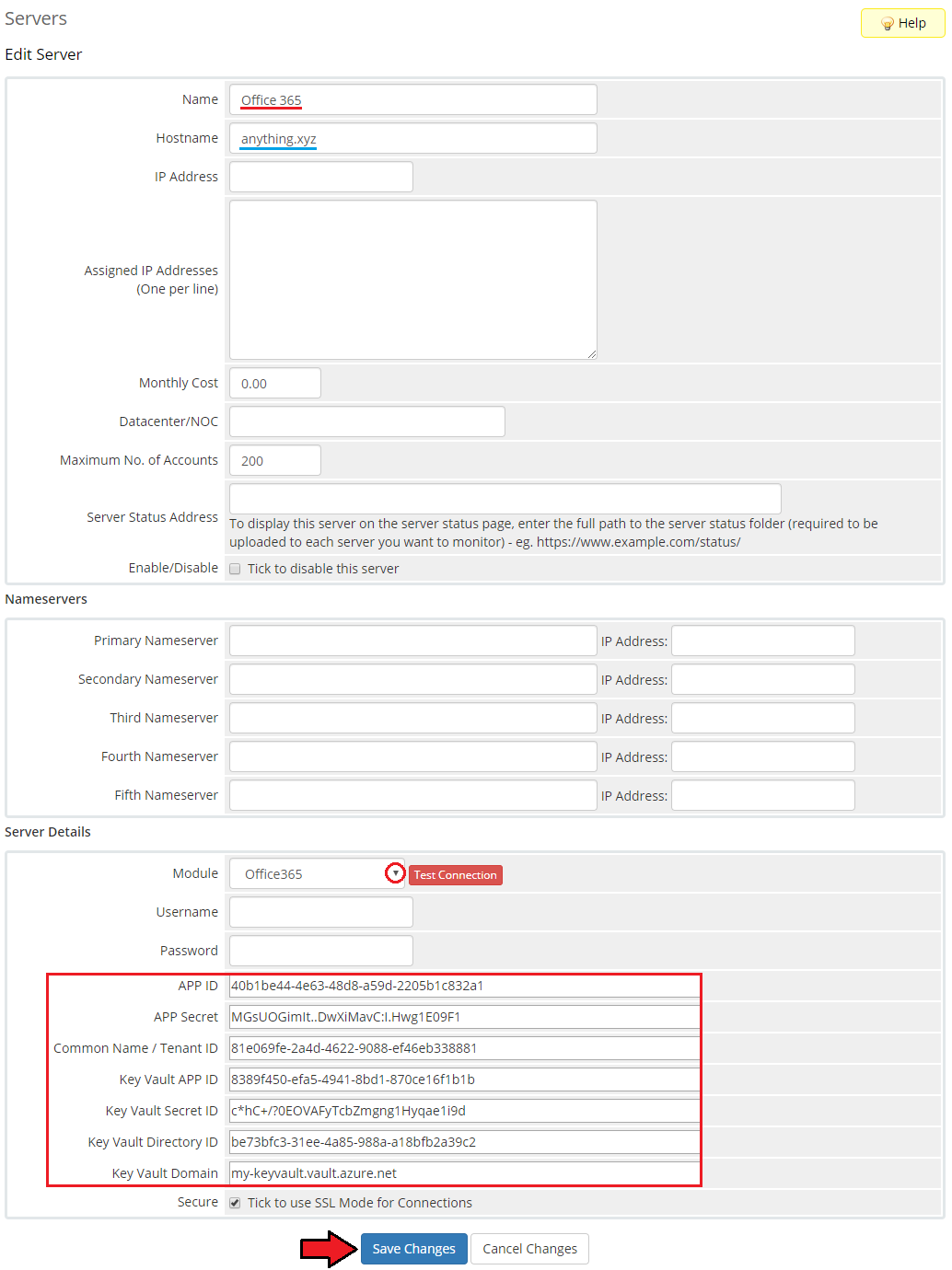 Office 365 For WHMCS: WHMCS Edit Server form for the Office365 module with API credentials, Key Vault fields and Save