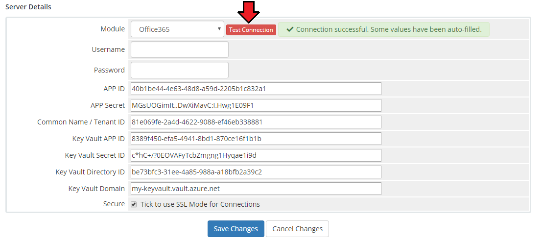 Office 365 For WHMCS: WHMCS server details with the Test Connection button and a connection successful message