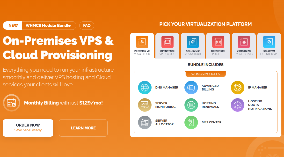 On-Premises VPS And Cloud Provisioning WHMCS Module Bundle: banner listing the virtualization platforms and bundled