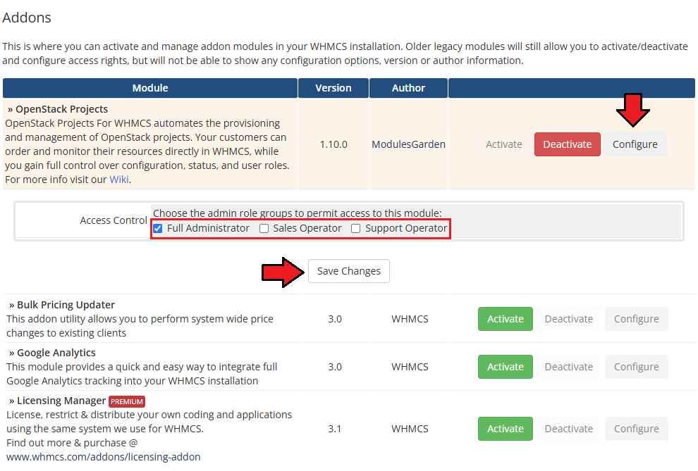 OpenStack Projects For WHMCS: addon access control with admin role groups and the Save Changes button after Configure