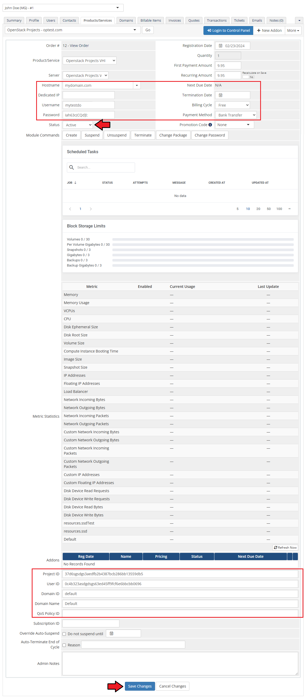OpenStack Projects For WHMCS: WHMCS admin service page with the Active status, project fields and Save Changes button