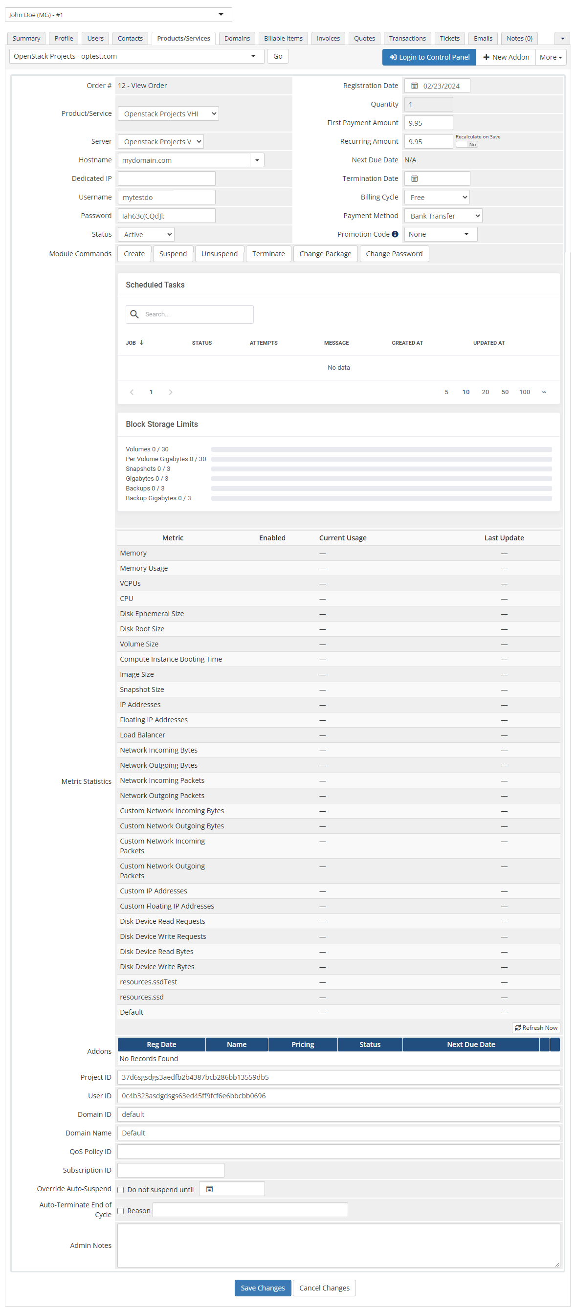 OpenStack Projects For WHMCS: WHMCS admin service page with module commands, block storage limits and metric statistics