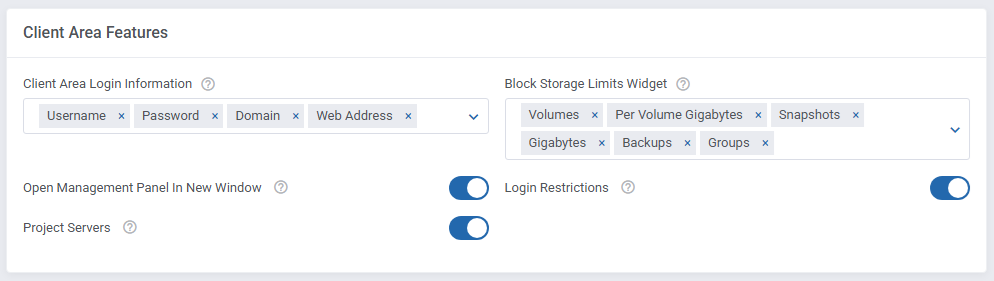 OpenStack Projects For WHMCS: Client Area Features section with login information, limits widget and Project Servers