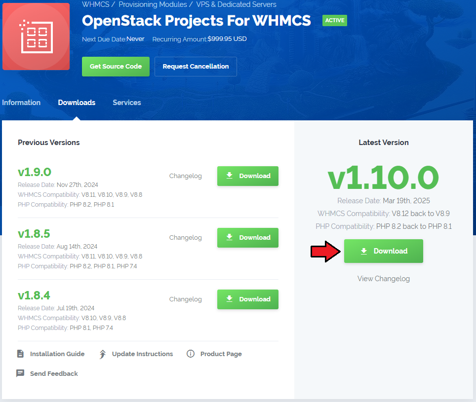 OpenStack Projects For WHMCS: module download page in the client area with the Download button for the latest version