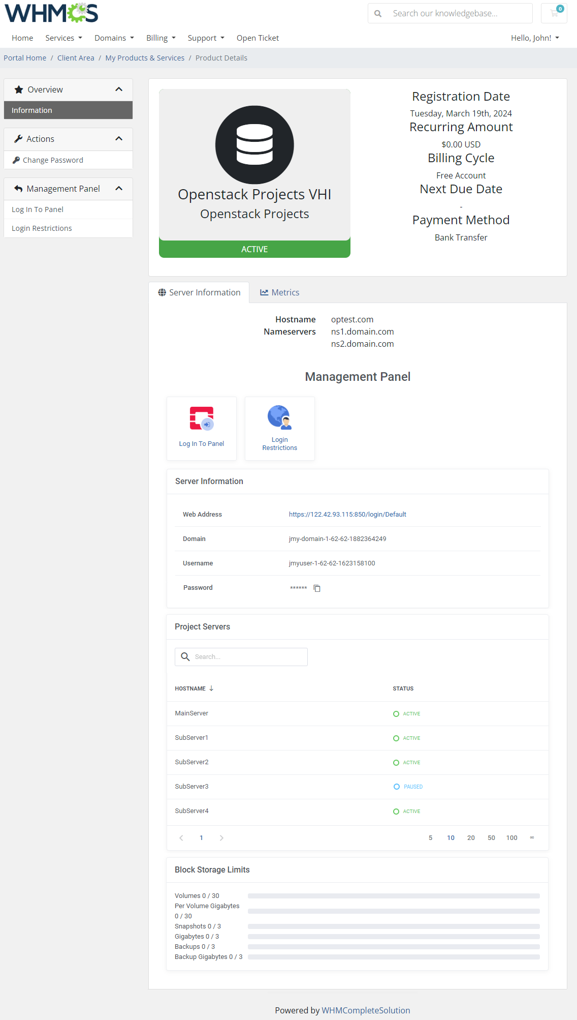 OpenStack Projects For WHMCS: WHMCS client area product details with Management Panel buttons and project servers list