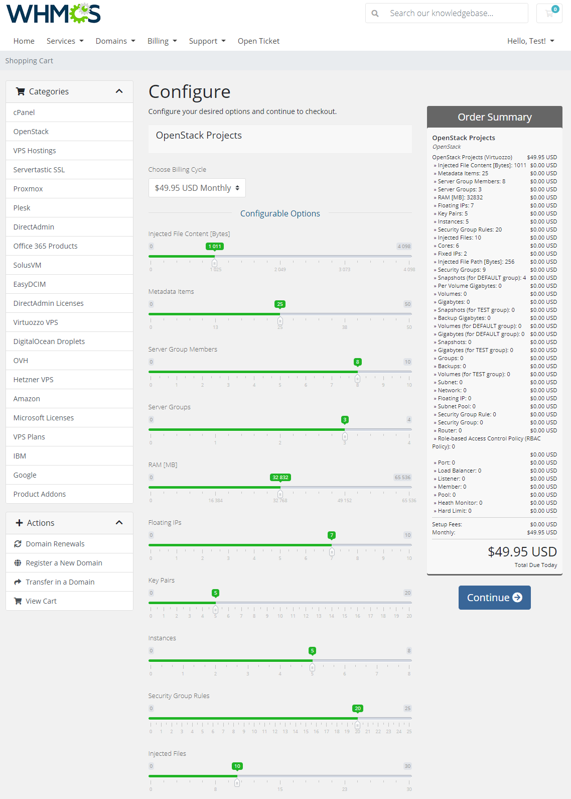 OpenStack Projects For WHMCS: WHMCS client area order form with configurable option sliders and the order summary