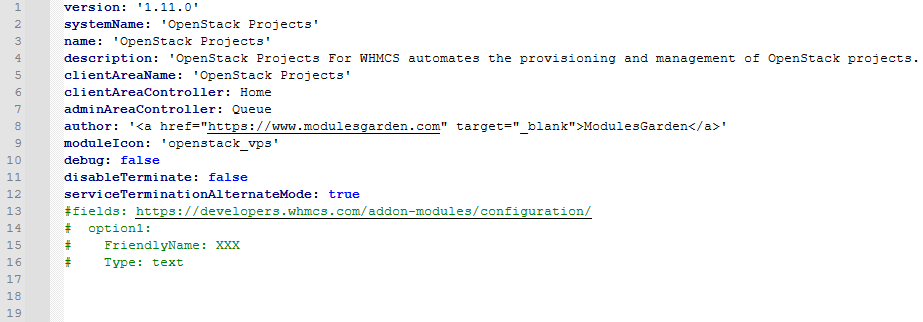 OpenStack Projects For WHMCS: Module configuration.yml file in a text editor with serviceTerminationAlternateMode set