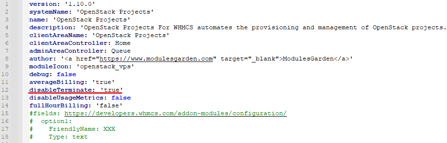 OpenStack Projects For WHMCS: Module configuration.yml file in a text editor with the disableTerminate option underlined