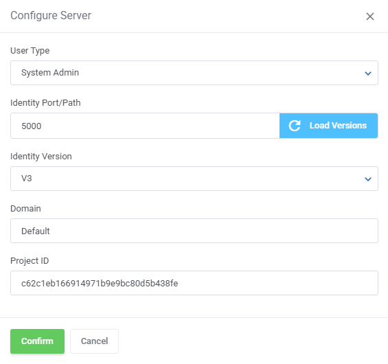 OpenStack Projects For WHMCS: Configure Server dialog with user type, identity port, identity version, domain and
