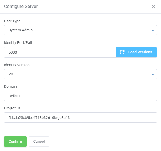 OpenStack Projects For WHMCS: Configure Server dialog for the VHI server with identity port, version, domain and