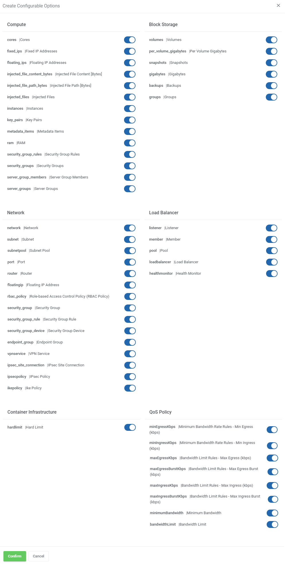 OpenStack Projects For WHMCS: Create Configurable Options dialog with toggles for each option group and the Confirm