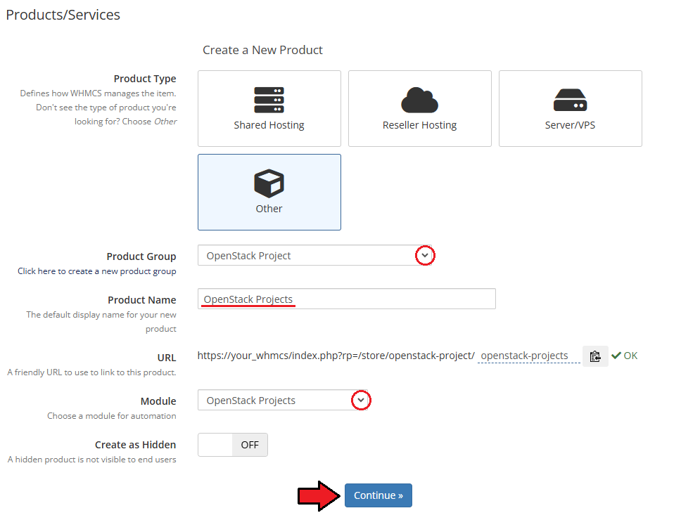 OpenStack Projects For WHMCS: Create a New Product form with product type, group, name, module and the Continue button