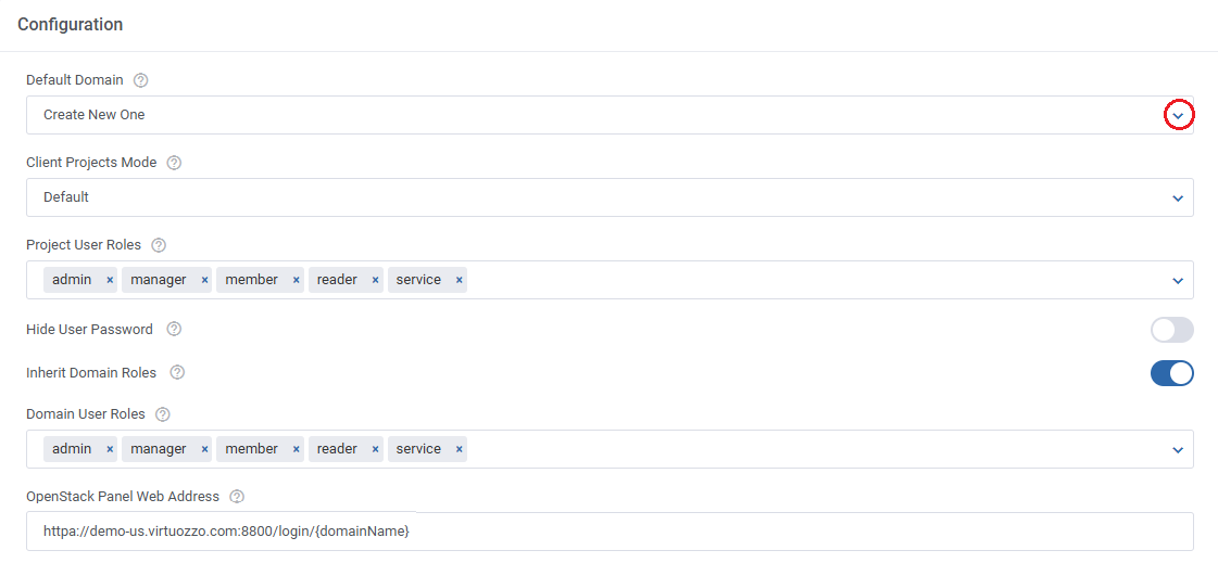 OpenStack Projects For WHMCS: Module settings Configuration section with the Default Domain drop-down set to Create New