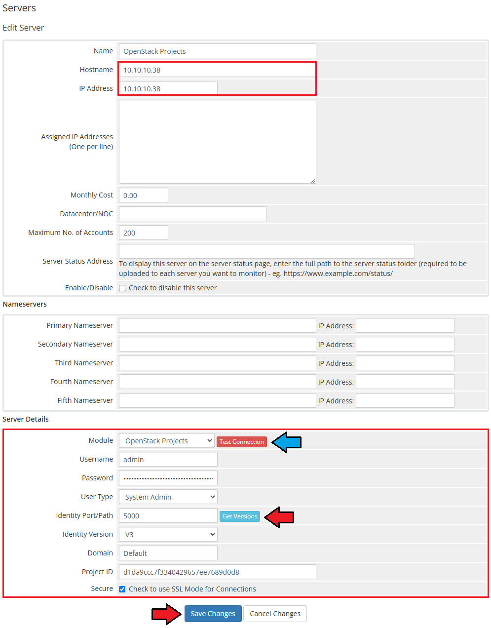 OpenStack Projects For WHMCS: WHMCS Edit Server form with hostname, IP address, admin credentials and Get Versions