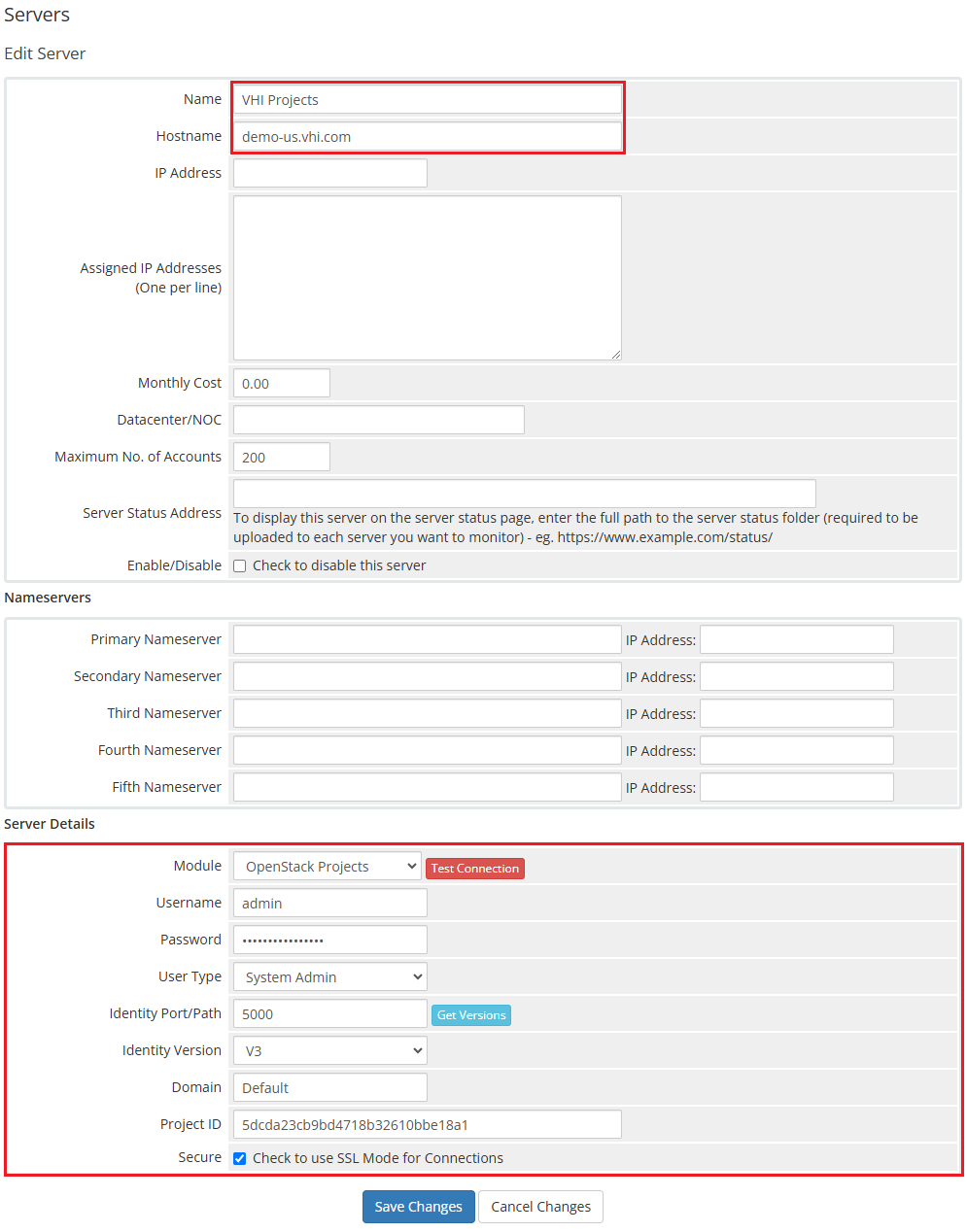 OpenStack Projects For WHMCS: Edit Server form for a VHI server with name, hostname and system admin details
