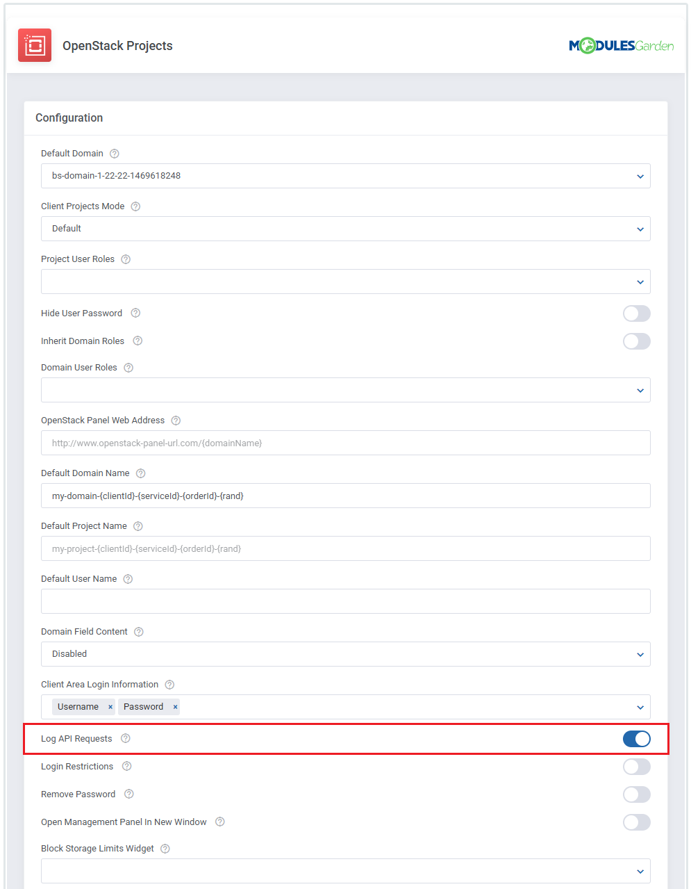 OpenStack Projects For WHMCS: Module settings Configuration section with the Log API Requests switch enabled and