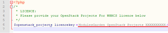 OpenStack Projects For WHMCS: license.php file opened in an editor with the license key entered between quotation marks