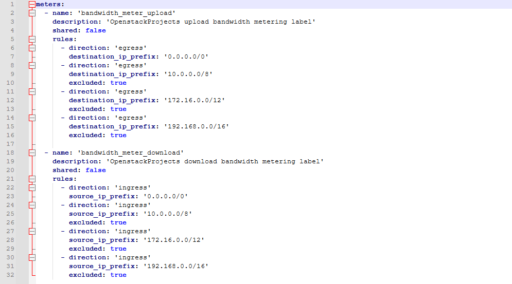 OpenStack Projects For WHMCS: YAML meters file in a text editor with upload and download bandwidth metering label rules
