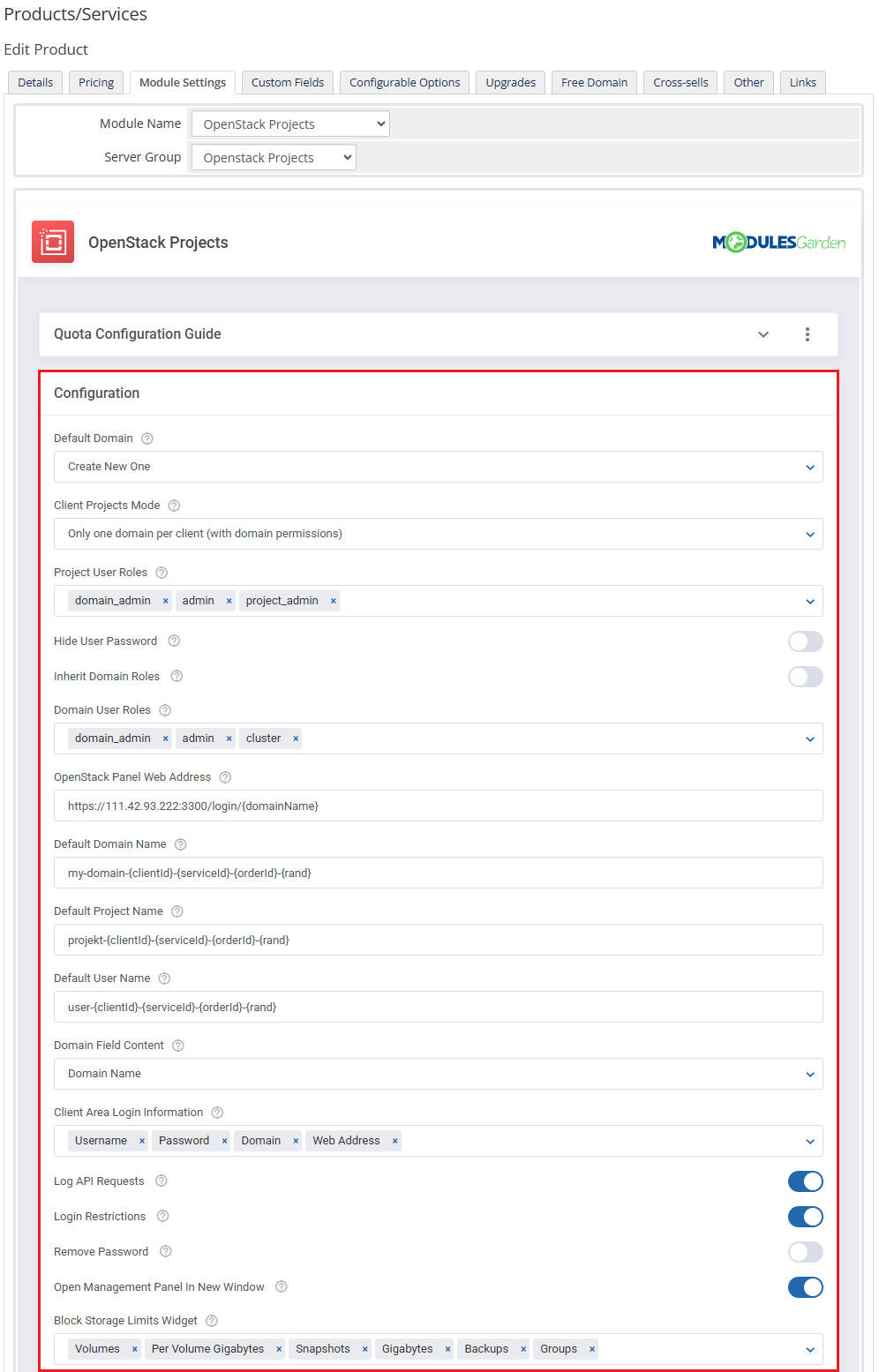 OpenStack Projects For WHMCS: product Module Settings tab with the module Configuration section highlighted