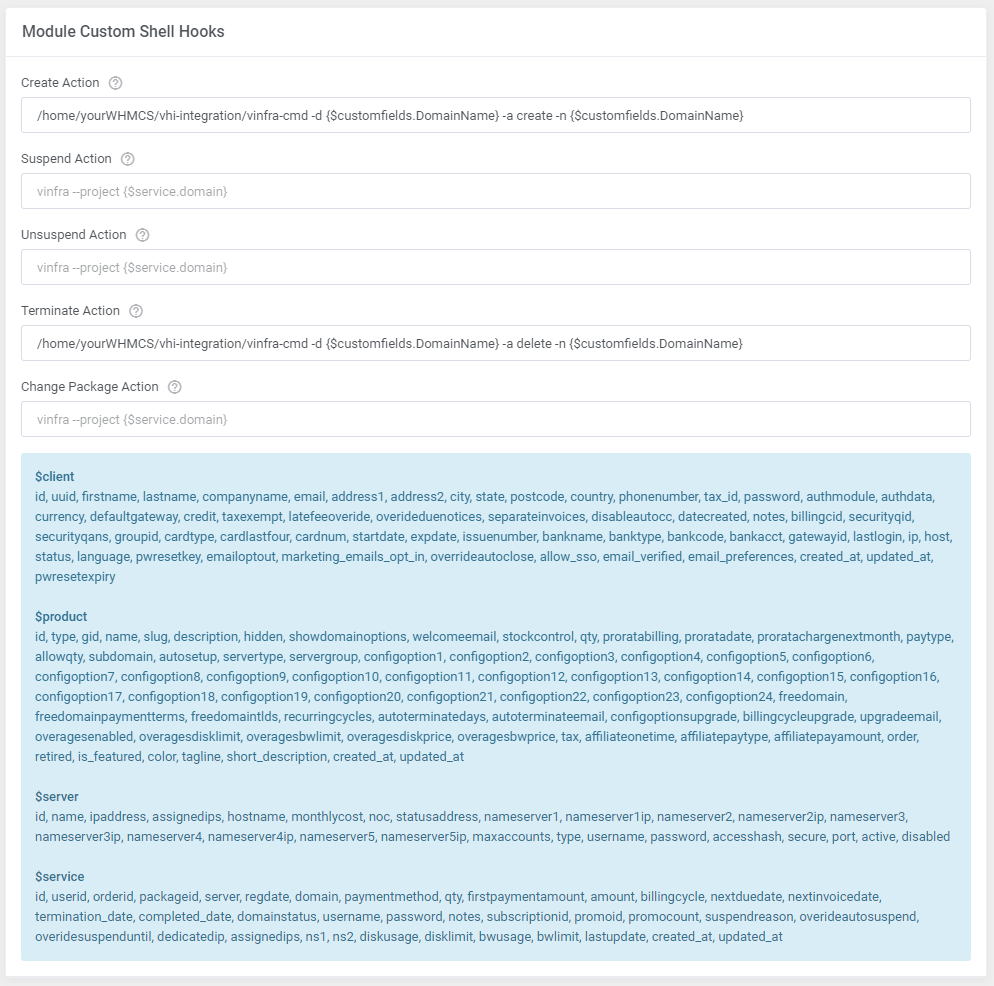 OpenStack Projects For WHMCS: Module Custom Shell Hooks section with create and terminate command examples for VHI