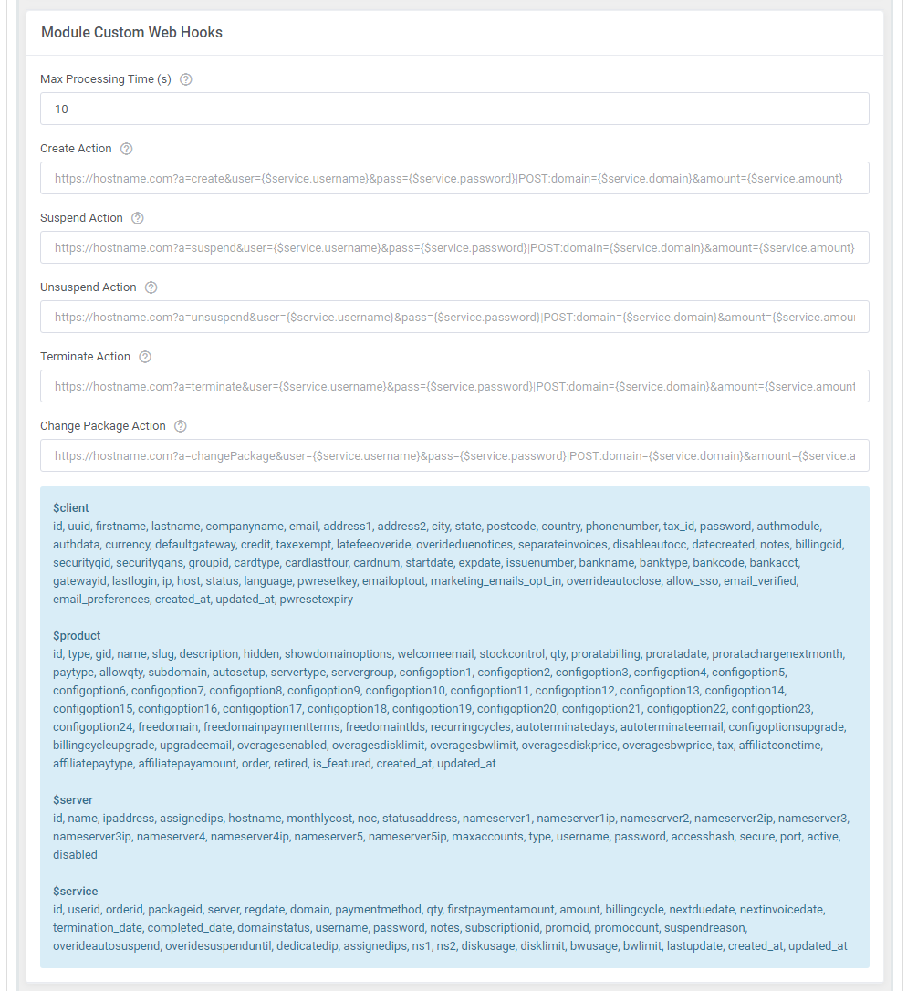 OpenStack Projects For WHMCS: Module Custom Web Hooks section with action URL fields and the list of available variables