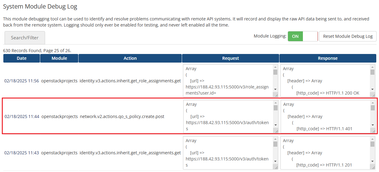 OpenStack Projects For WHMCS: WHMCS System Module Debug Log with a failed network QoS policy create request row
