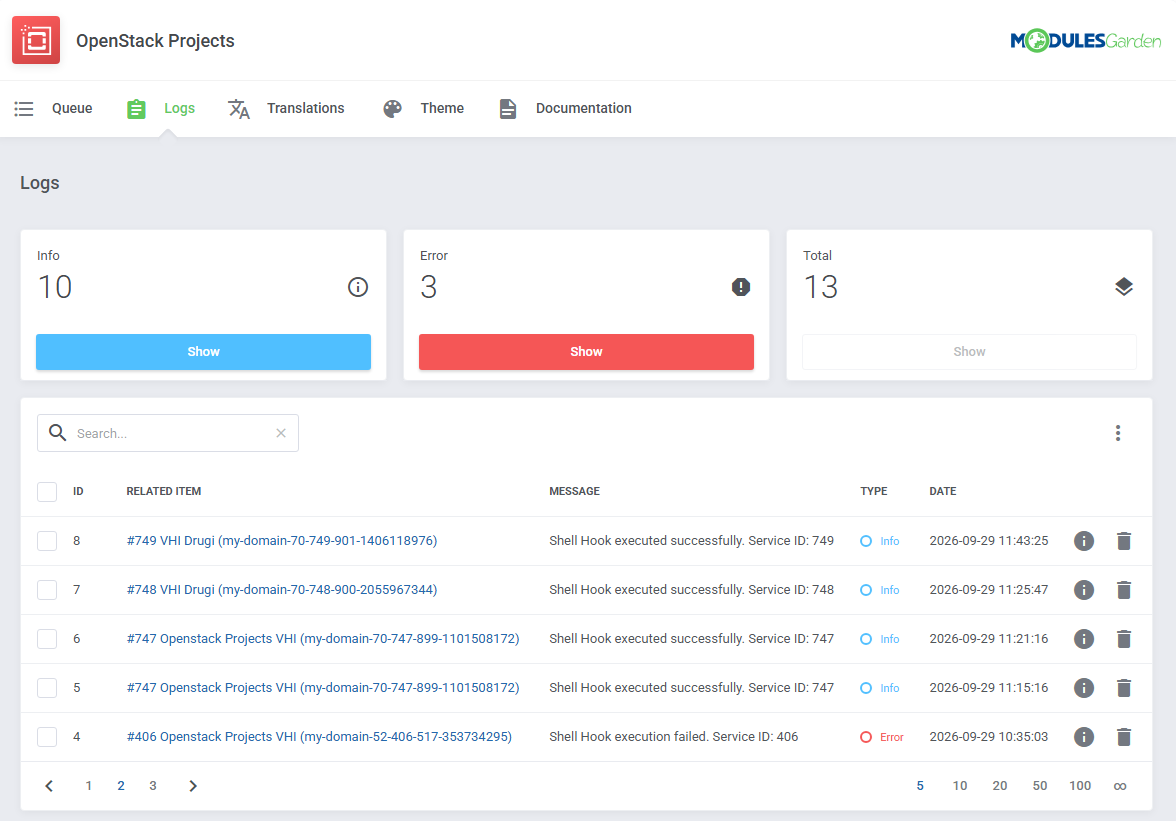 OpenStack Projects For WHMCS: Logs page in the module with Info and Error cards, search bar and a table of module log