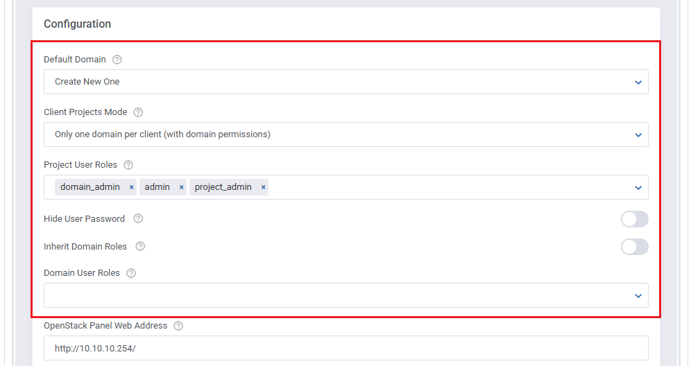 OpenStack Projects For WHMCS: module Configuration section with domain, client projects mode and user roles highlighted