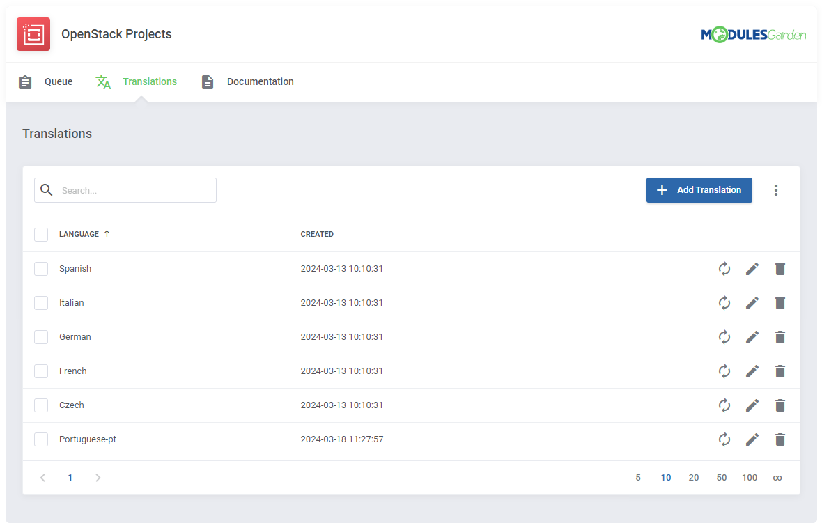 OpenStack Projects For WHMCS: Translations page in the module with a list of languages and the Add Translation button