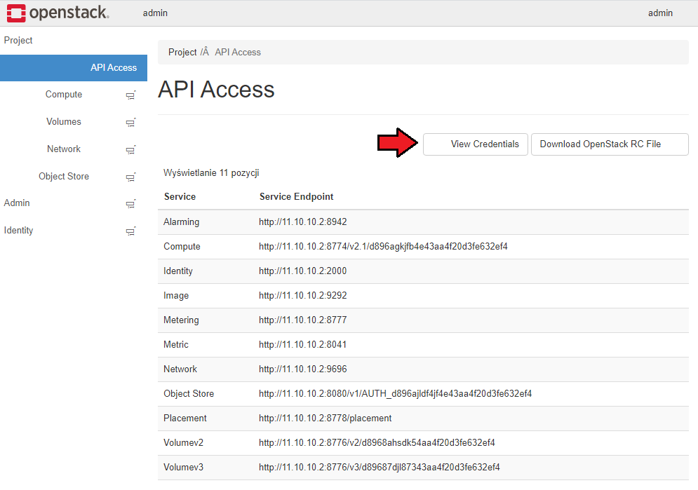 OpenStack Projects For WHMCS: OpenStack panel API Access page with the View Credentials button