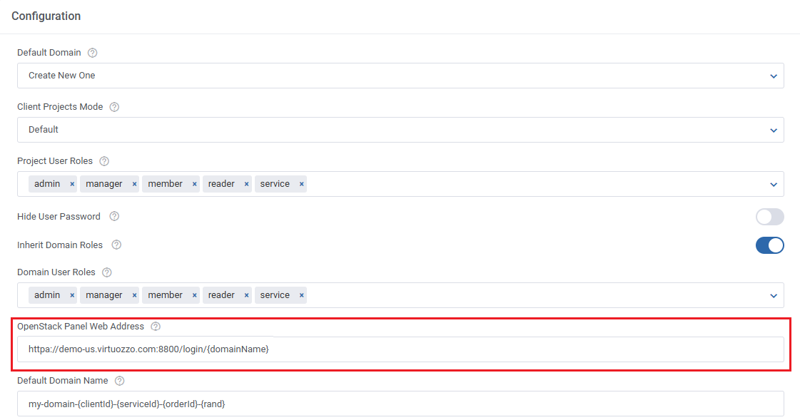 OpenStack Projects For WHMCS: Product module settings Configuration with the OpenStack Panel Web Address field