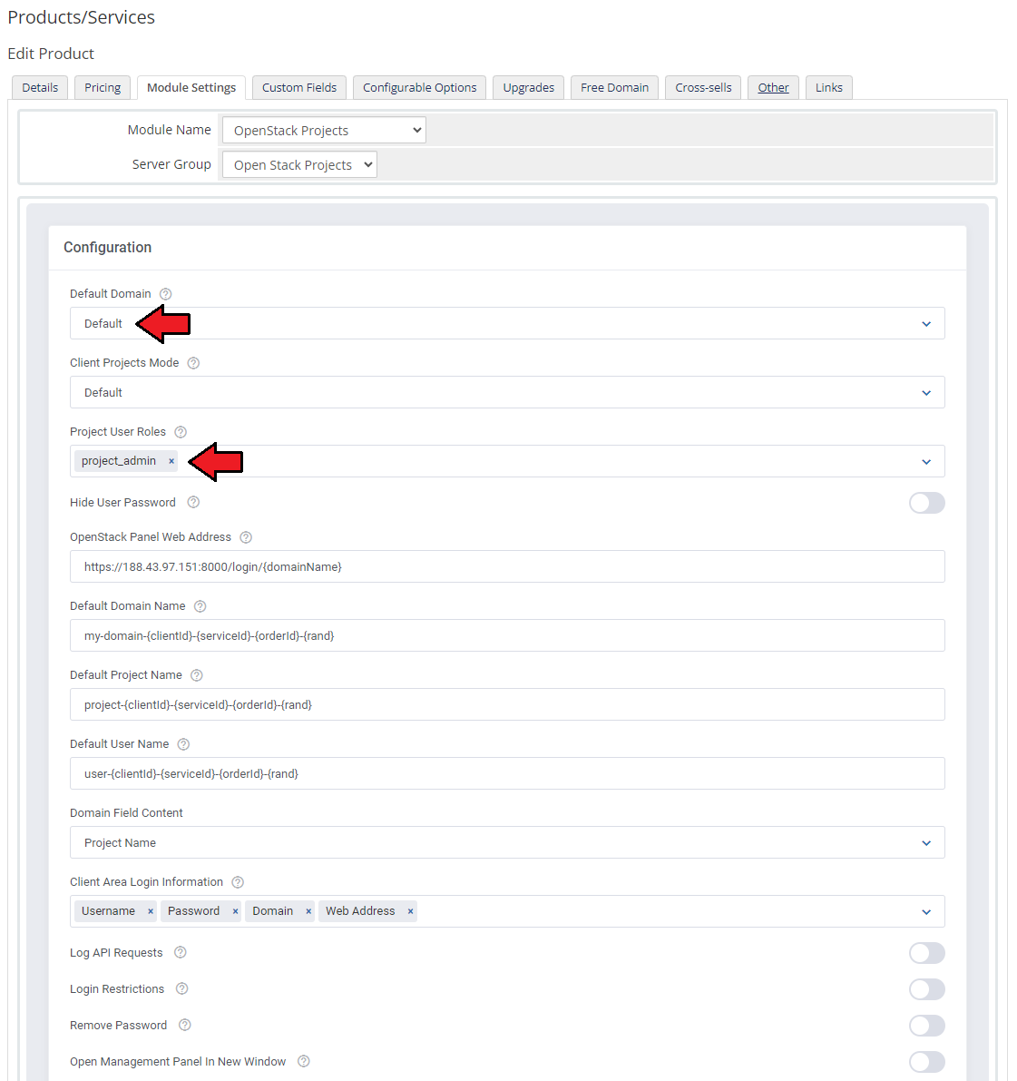 OpenStack Projects For WHMCS: WHMCS Edit Product Module Settings tab with Default Domain and Project User Roles arrows