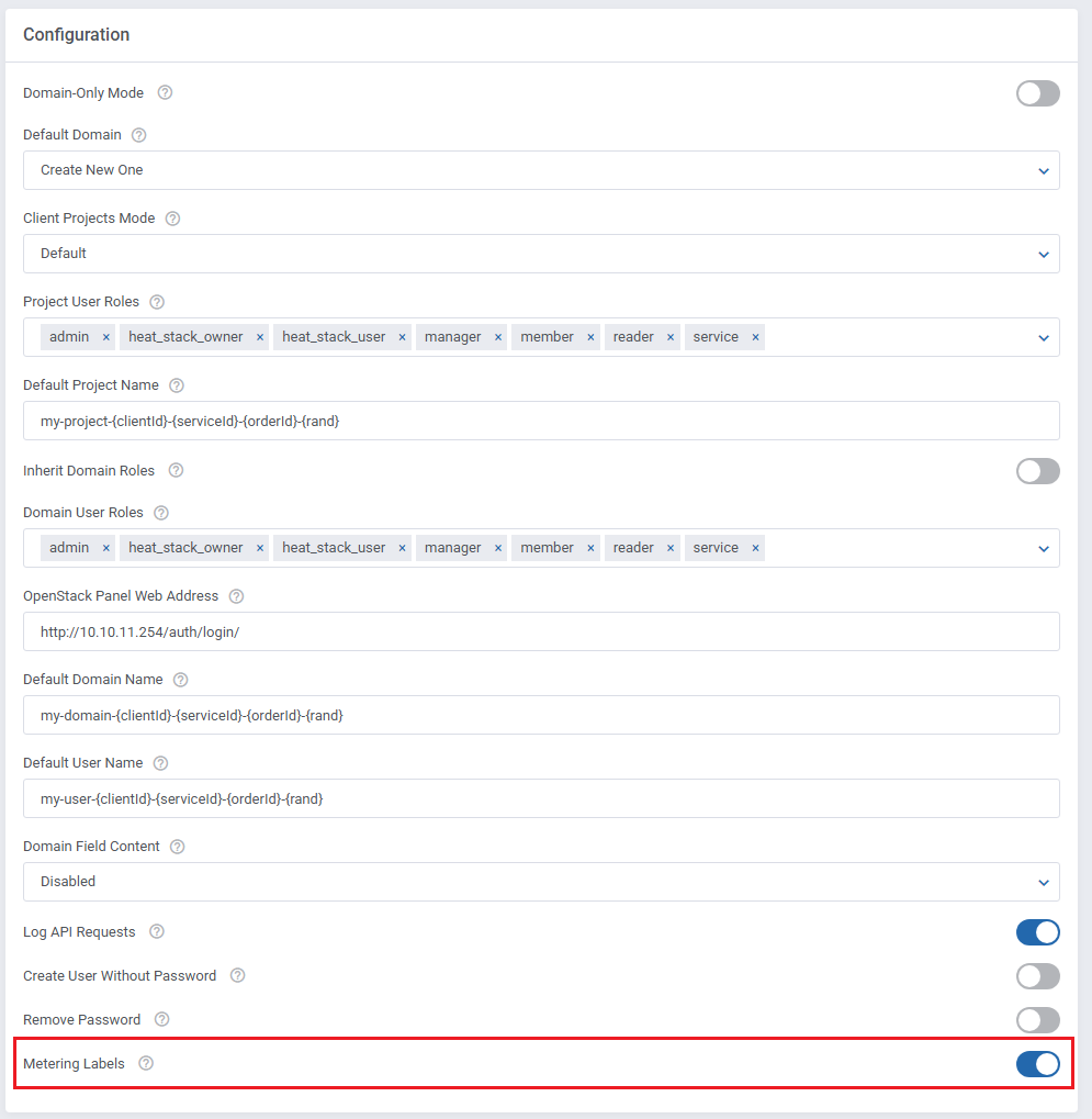 OpenStack Projects For WHMCS: Module settings Configuration section with the Metering Labels switch enabled and