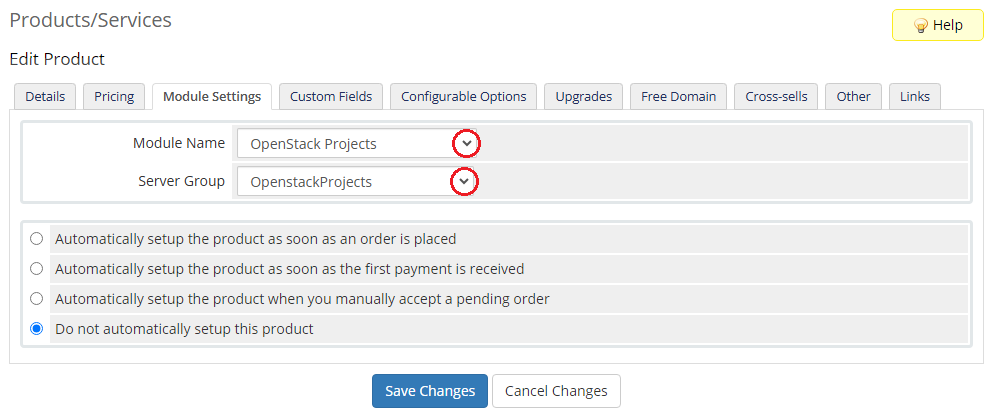 OpenStack Projects For WHMCS: product Module Settings tab with the module name and server group dropdown menus