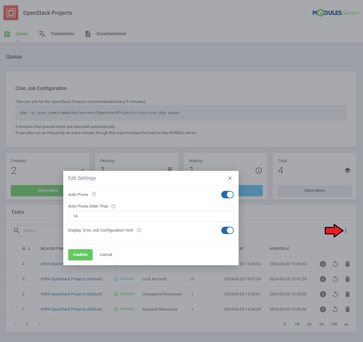 OpenStack Projects For WHMCS: Queue page Edit Settings dialog with Auto Prune, Auto Prune Older Than and cron hint