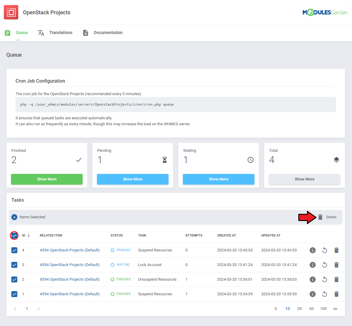 OpenStack Projects For WHMCS: Queue page with all tasks selected and the mass Delete button marked in the Tasks toolbar