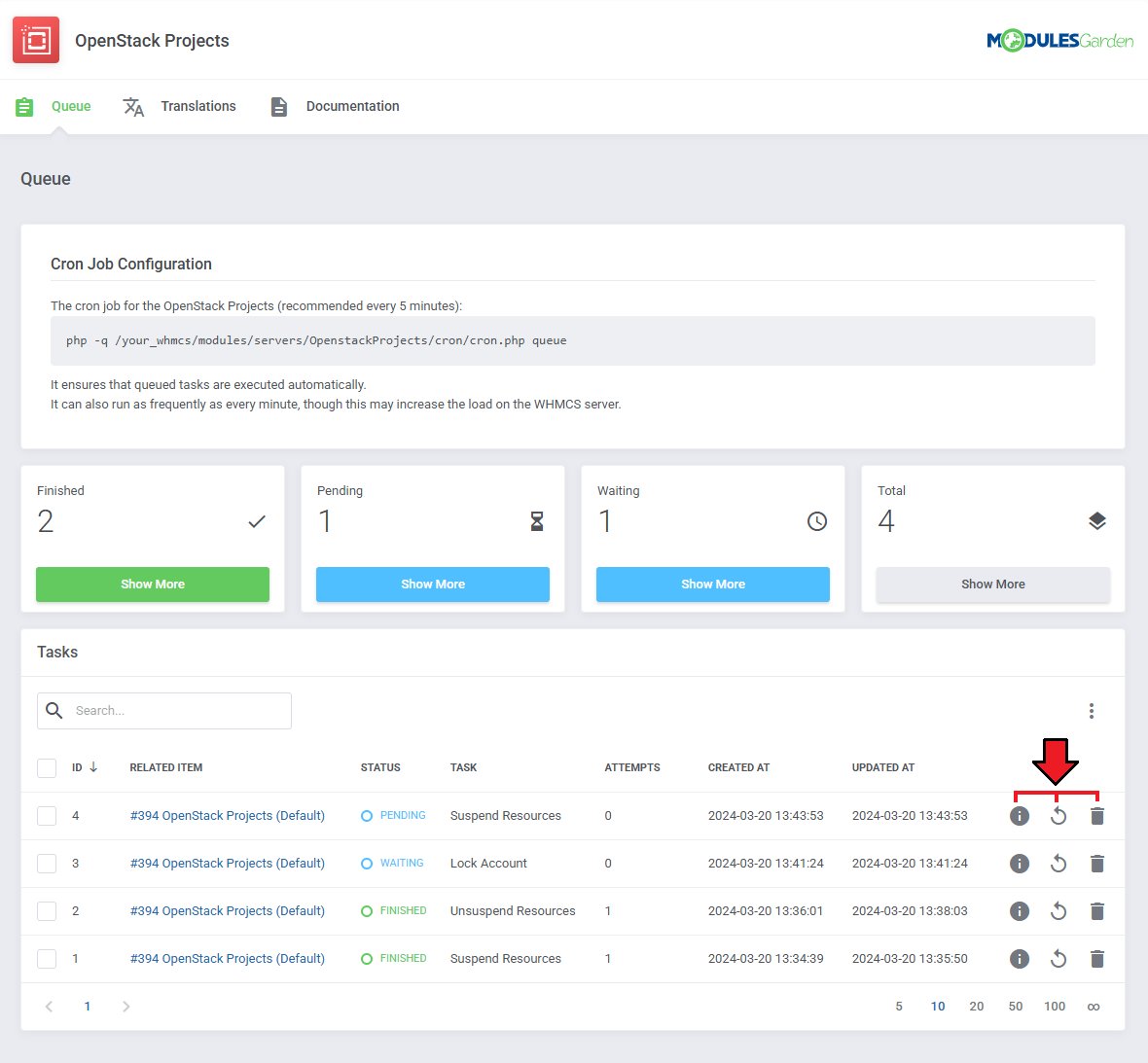 OpenStack Projects For WHMCS: Queue page Tasks table with the details, run again and delete buttons marked with an arrow