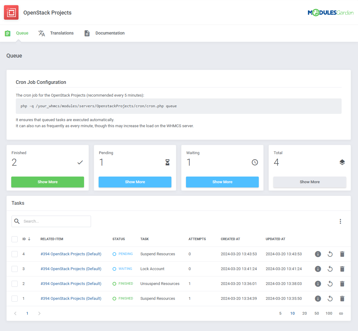 OpenStack Projects For WHMCS: Queue page in the module with cron job info, task status cards and the Tasks table