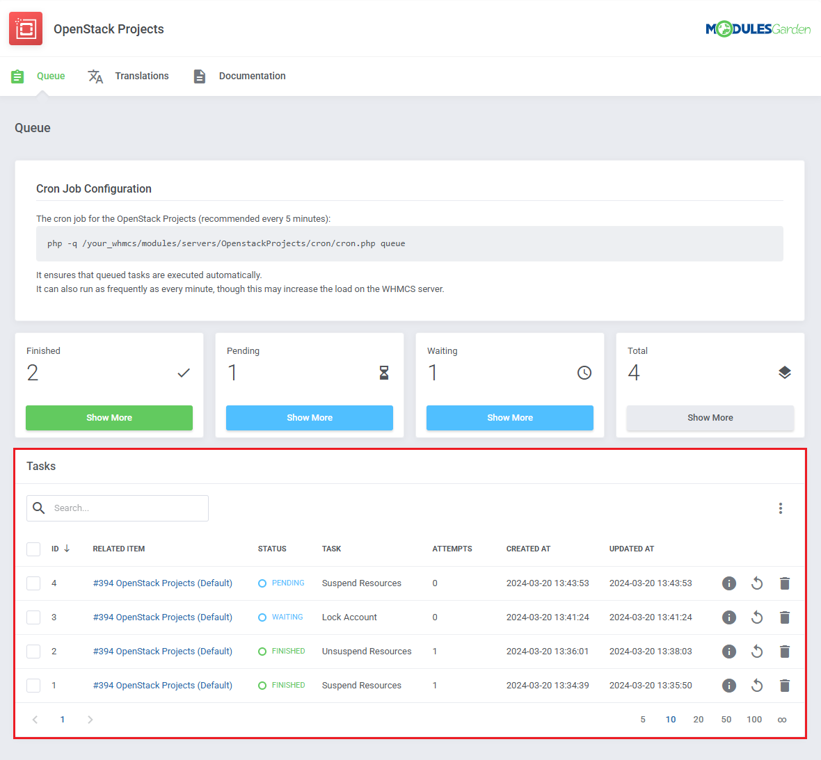 OpenStack Projects For WHMCS: Queue page with the Tasks table highlighted, showing status, task, attempts and dates