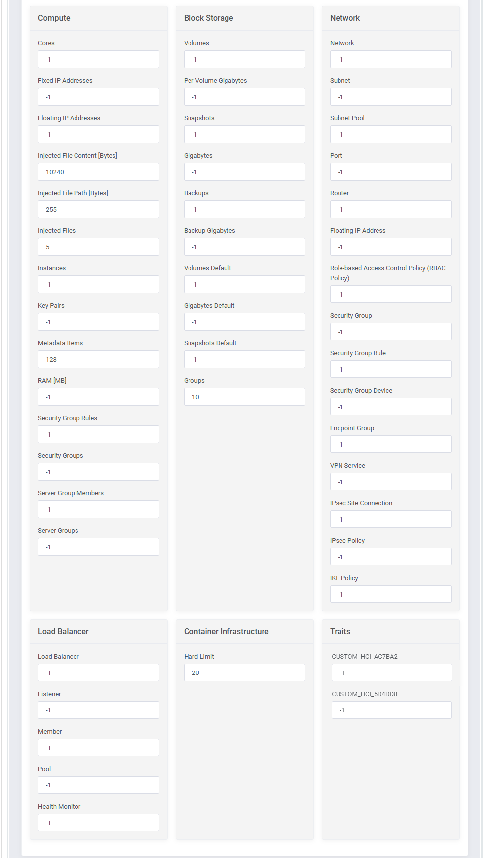 OpenStack Projects For WHMCS: Quotas Configuration with Compute, Block Storage, Network, Load Balancer and Traits fields