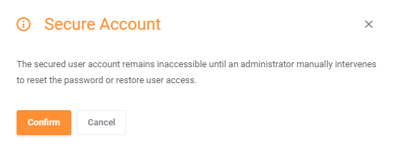 OpenStack Projects For WHMCS: Secure Account dialog warning that the secured user stays locked out, with Confirm button