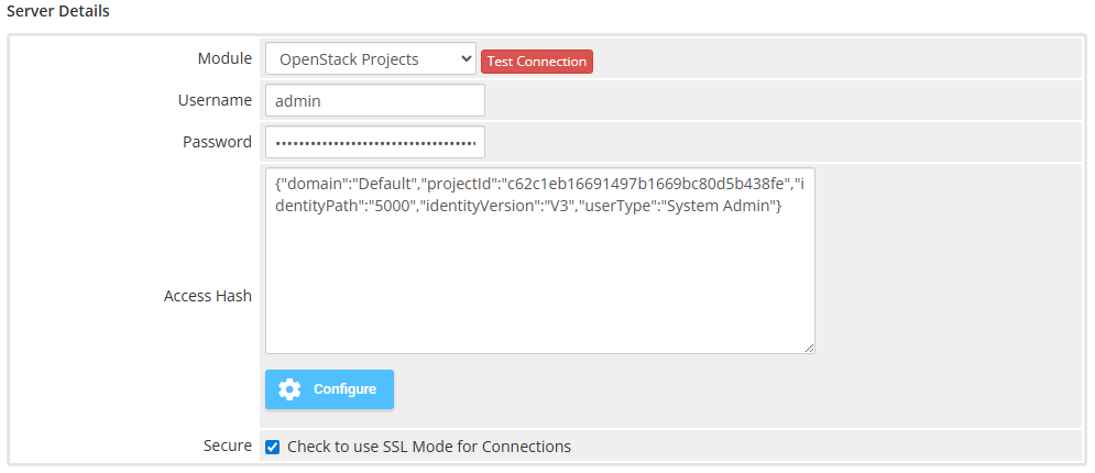 OpenStack Projects For WHMCS: Server Details section with the Access Hash filled in and the Configure button