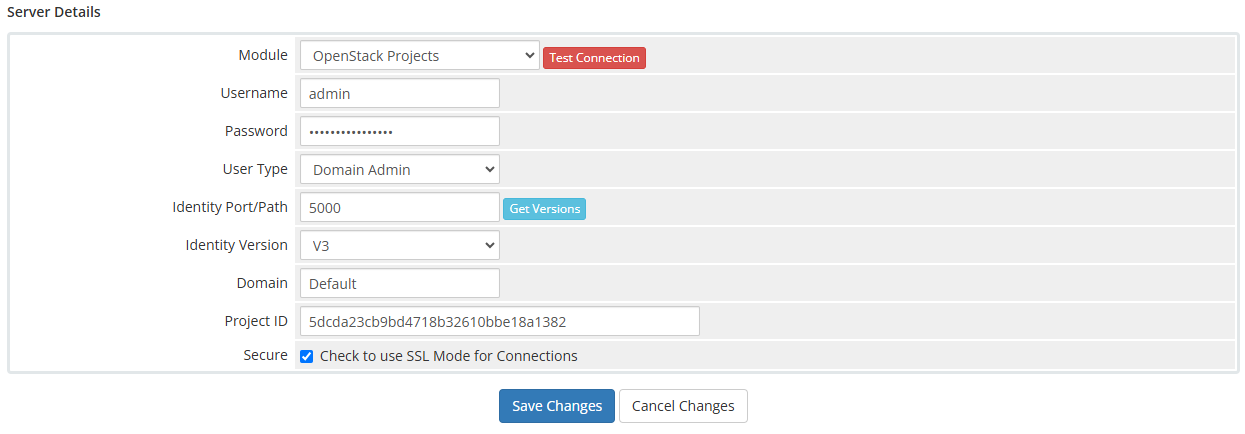 OpenStack Projects For WHMCS: WHMCS server details form for the module with user type, identity port, version and
