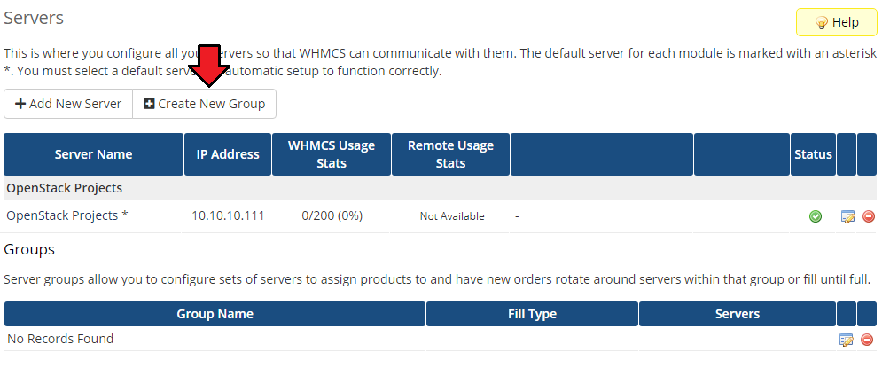 OpenStack Projects For WHMCS: WHMCS Servers list with the OpenStack Projects server and the Create New Group button