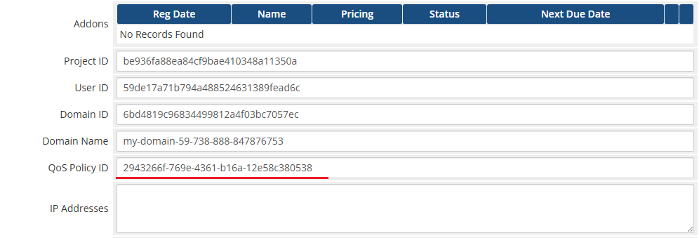OpenStack Projects For WHMCS: service details with Project ID, User ID, Domain ID and the QoS Policy ID field underlined
