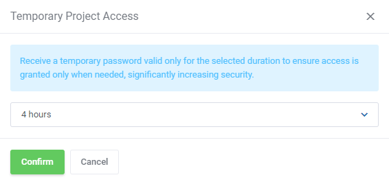 OpenStack Projects For WHMCS: Temporary Project Access dialog with a duration drop-down set to 4 hours and the Confirm