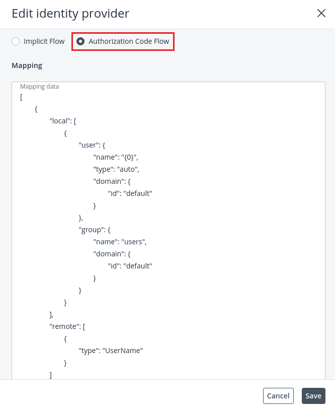 OpenStack Projects For WHMCS: VHI Edit identity provider dialog with Authorization Code Flow selected and mapping data
